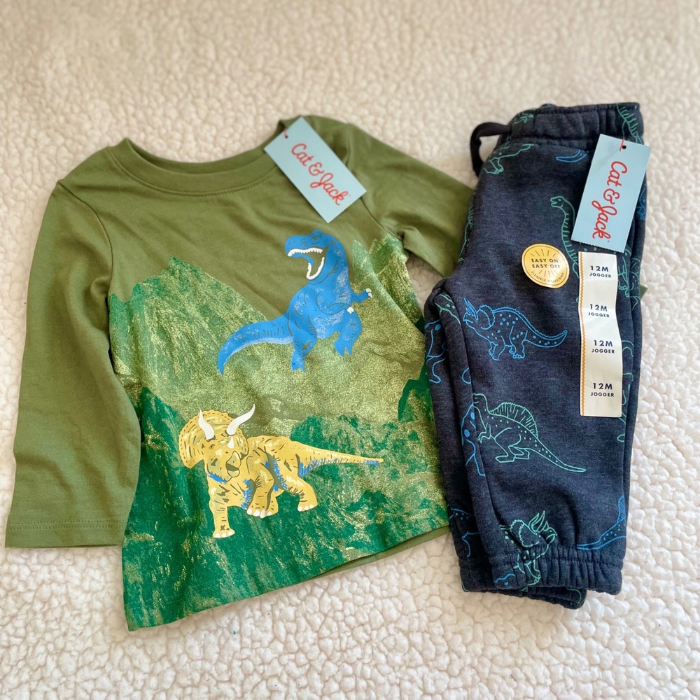 Cat & Jack Kids 12M Dinosaur Long Sleeve Tee‎ and Jogger Pants Outfit Set NWT